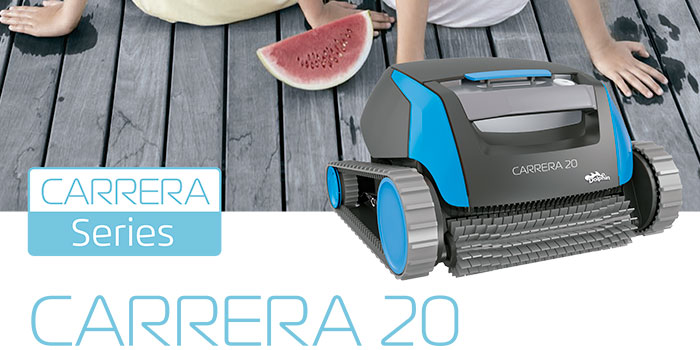 El limpiafondos Dolphin Carrera 20 proporciona una limpieza fiable, cómoda y rentable para de la piscina. Su fiable método de filtración en cualquier condición de la piscina y el cepillado activo en toda superficie, optimizan la higiene de la piscina.