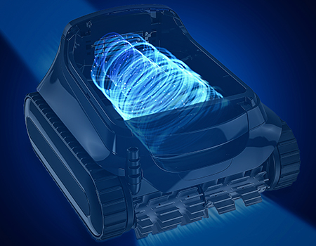 La aspiración ciclónica proporciona al limpiafondos una aspiración más potente y de mayor duración.